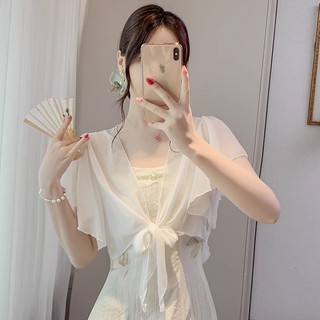 Manga bufante Chiffon protetor solar cardigan feminino verão manga curta leve cardigan pequeno xale com saia estilingue 