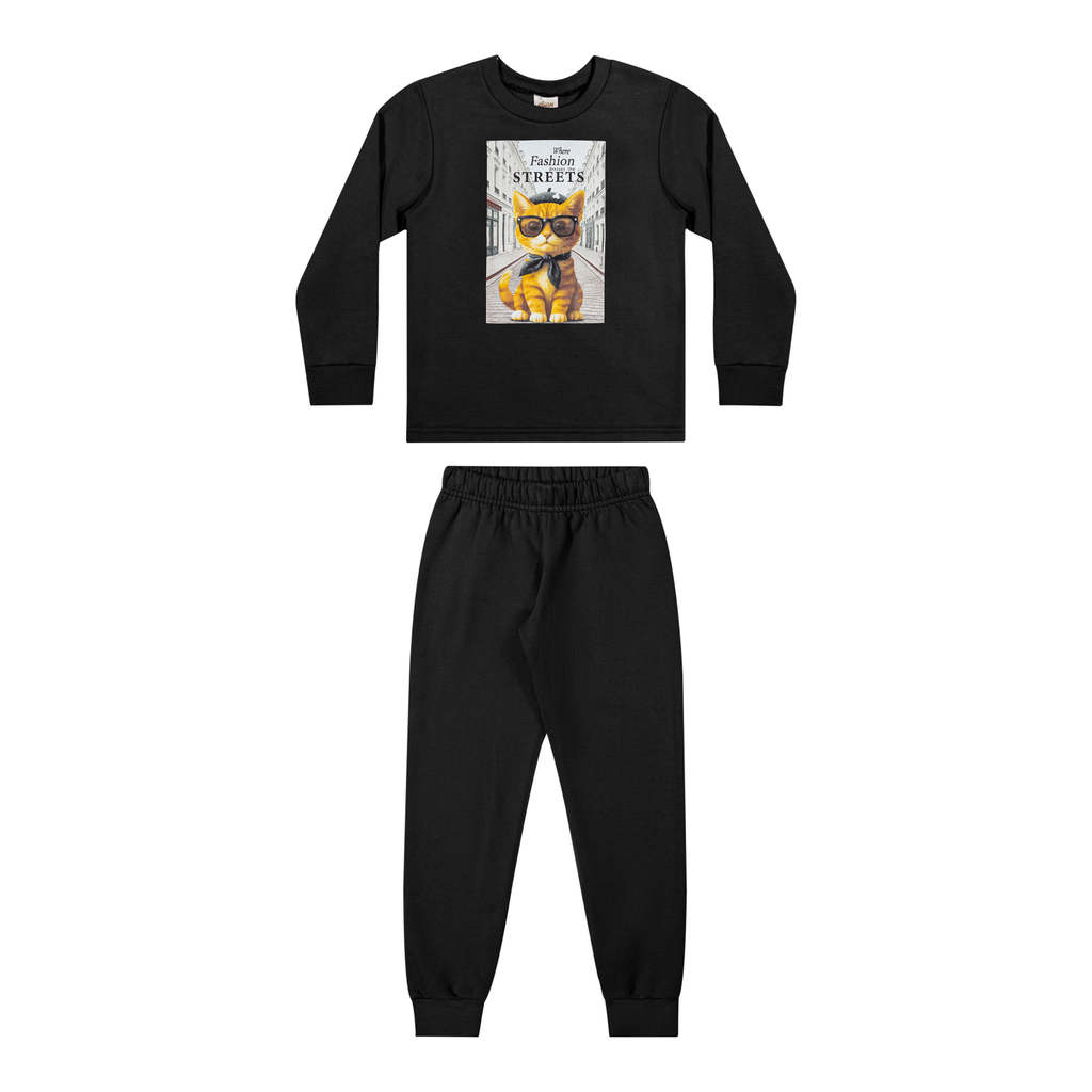 Conjunto Infantil Menina Moletom Estampado Elian Preto