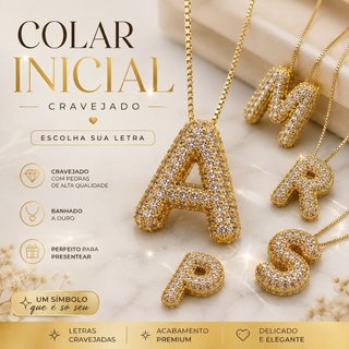 Colar Feminino Letra Inicial do Nome Dourado com Pedras Pingente Alfabeto
