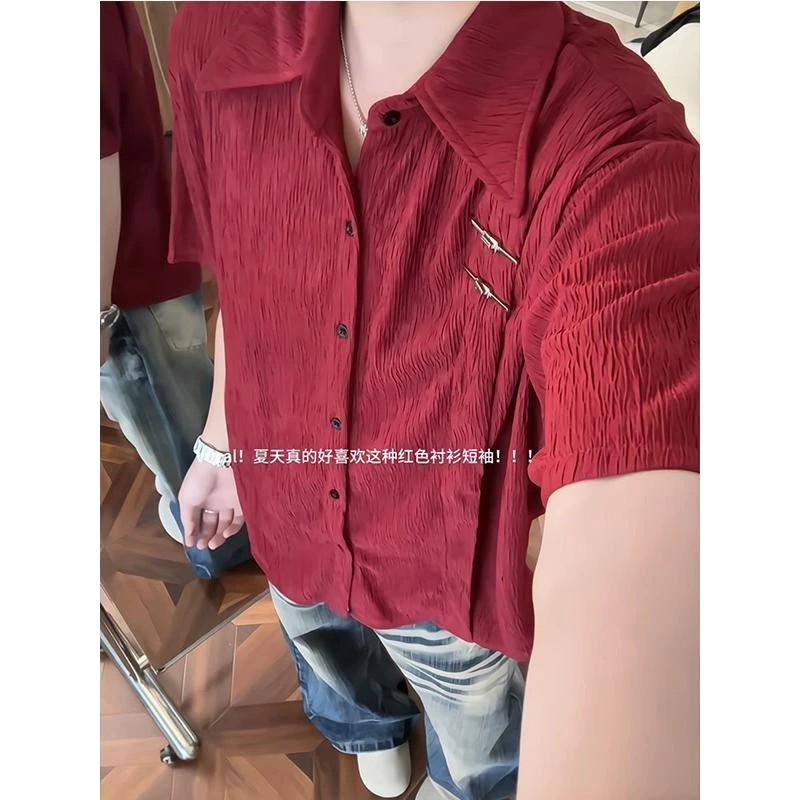 Novo estilo chinês borgonha camisa de seda gelo masculina verão estilo fino Drape sentimento não-ferro solto na moda mod