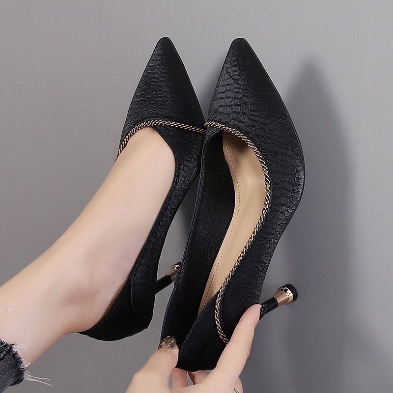 Elegante 2023 primavera outono novo estilo de salto alto feminino Stiletto apontou Toe sapatos femininos preto boca rasa