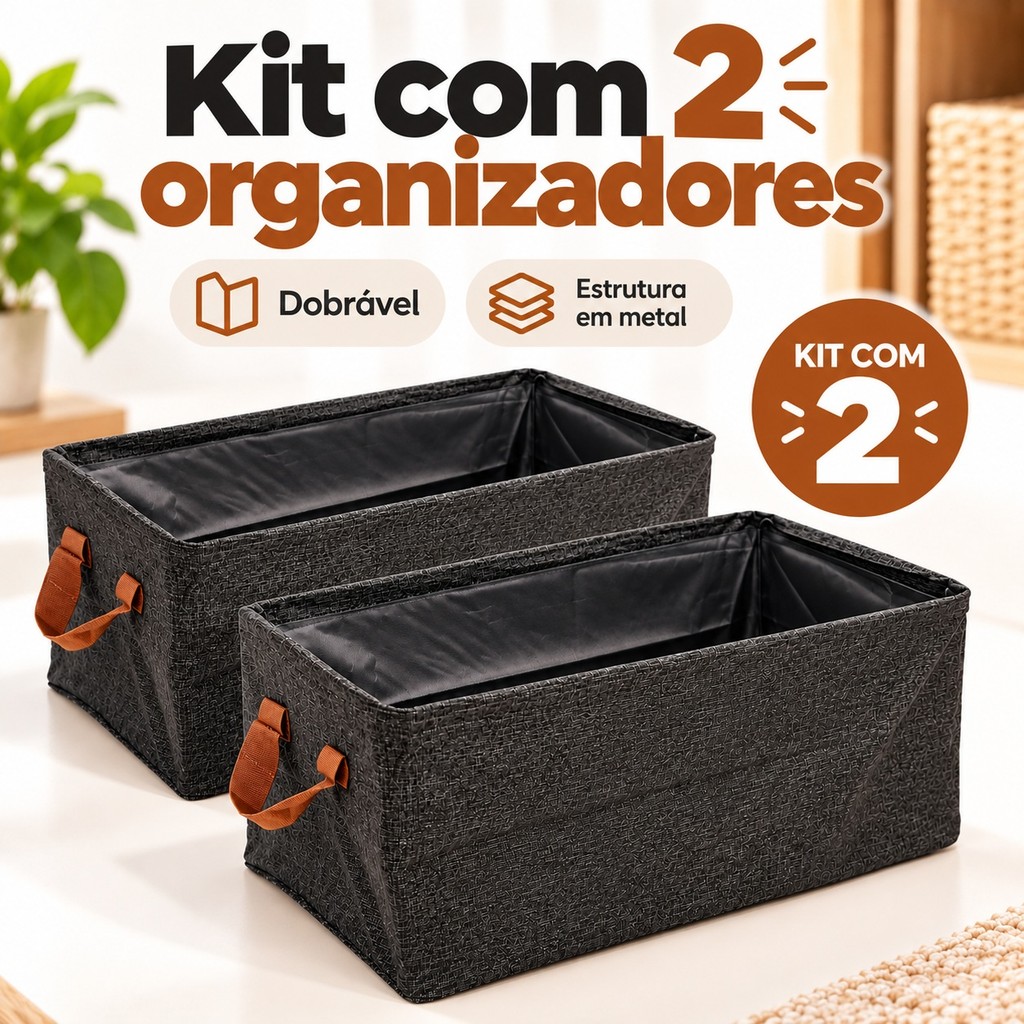 Kit 2 Cesto Organizador 25L Caixa Organizadora Dobrável Tecido Multiuso Roupa Brinquedos Closet Alça