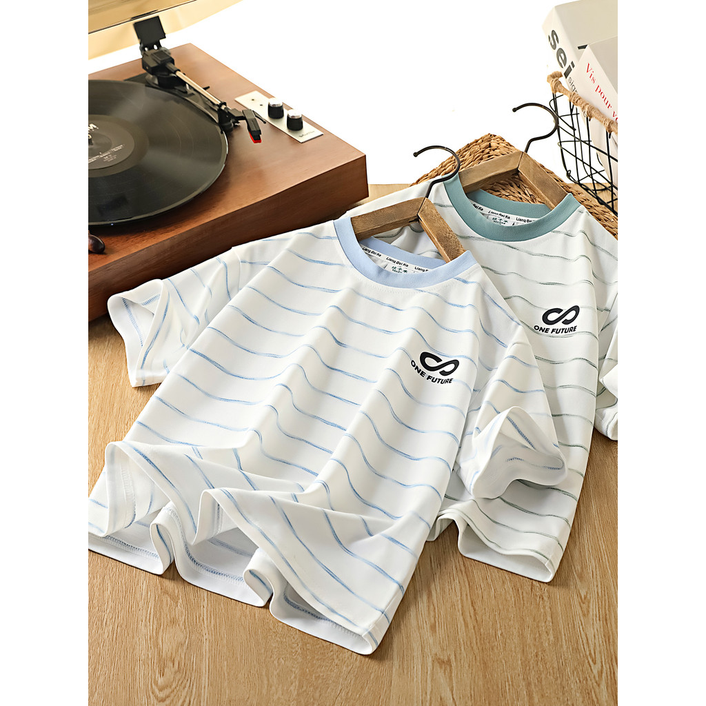Meninos listrado de manga curta verão 2026 novo topo crianças Casual respirável camiseta médio grande crianças fino meio