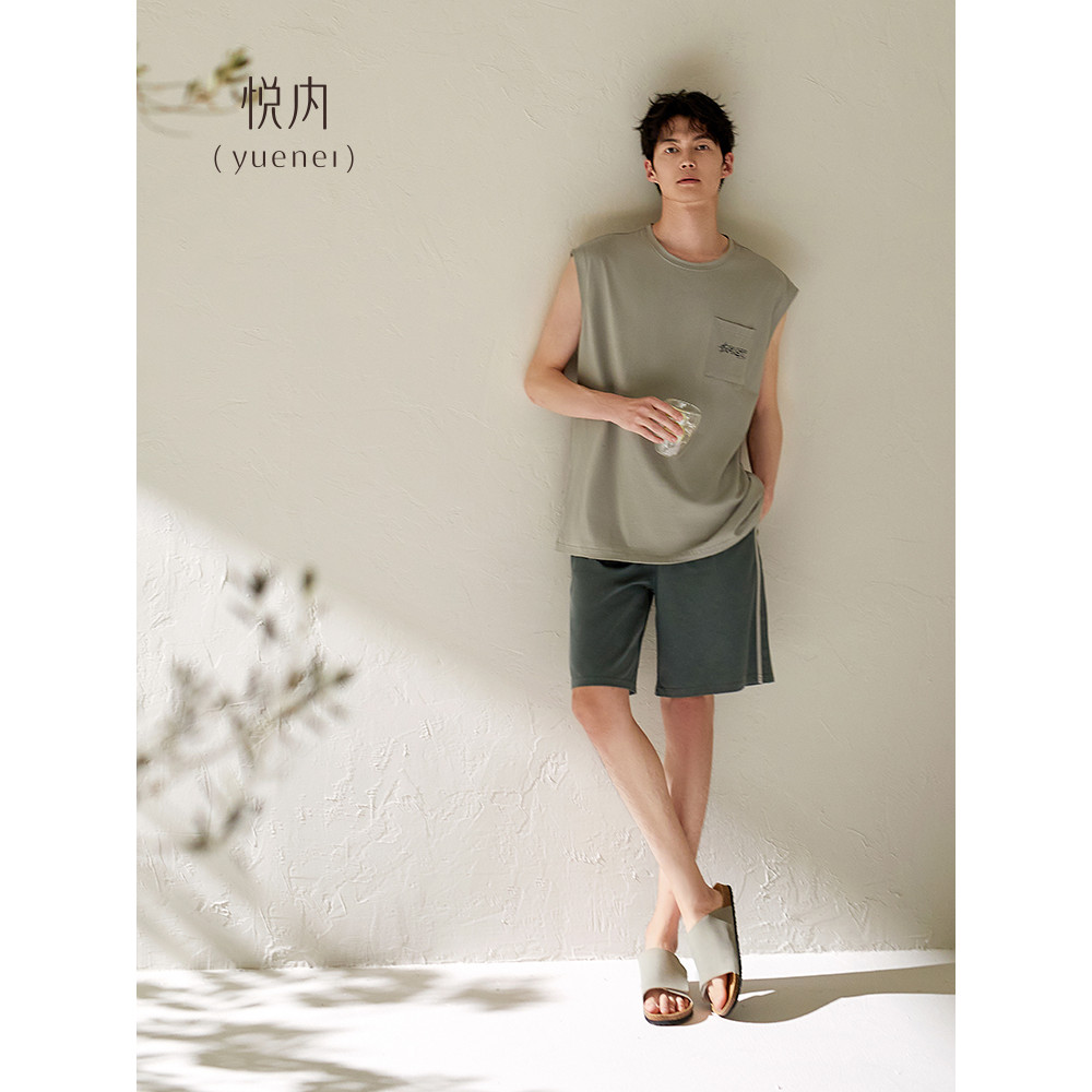 Yue pijamas internos masculinos verão verão verão puro algodão sem mangas colete Shorts Loungewear masculino Casual pode