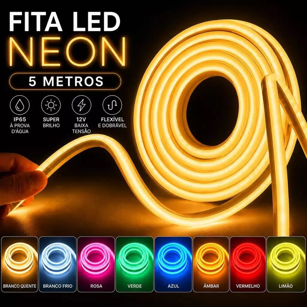 Fita LED Neon 5m 12V Flexível Resistente à Água