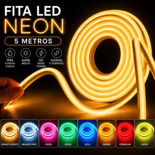 Fita de LED Mangueira Neon 5 Metros IP65 Flexível Com ou Sem Fonte  8 Cores