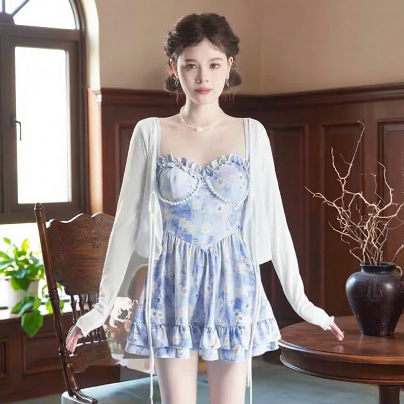 Maiô feminino de uma peça estilingue pequena saia Floral fresca de duas peças terno doce vestido de cintura estreita car