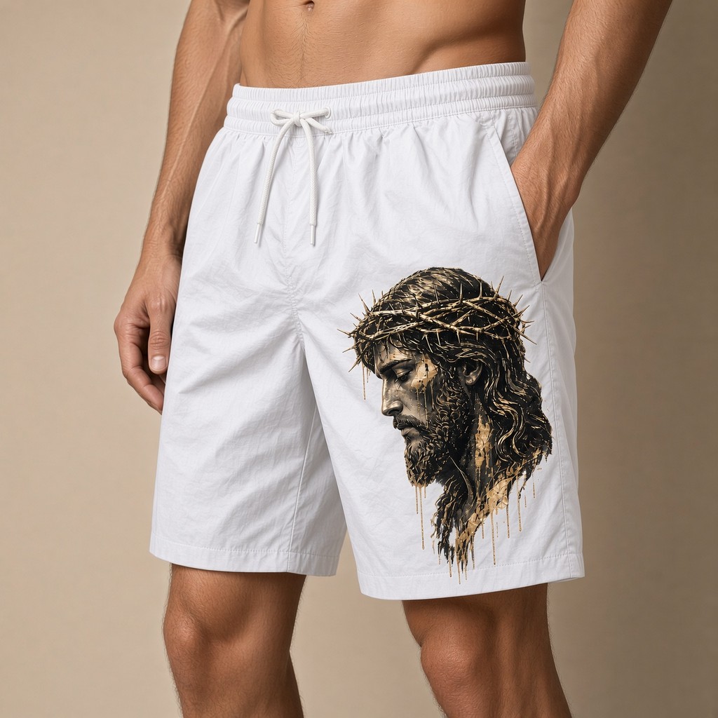 Short Moda Praia Masculino Bermuda Verão Tec Tell Jesus Coroa Espinho Cristão Academia Treino Corrida Musculacao Fit
