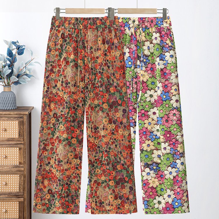 Quente novo estilo pequeno Floral Monet flor 2026 verão calças de perna larga cintura elástica cintura alta calças retas