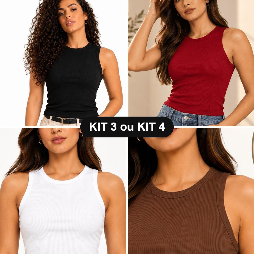 Regata Feminina Canelada Blusa Regata Básica Ribana Lisa Gola Redonda Kit 3, Kit 4 ou Unidade P M G GG