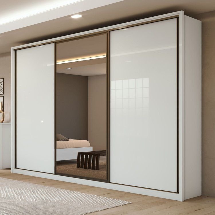 Guarda-Roupa Casal 3 Portas de Correr 6 Gavetas com Espelho MDF 270,5cm Spazio Branco Branco