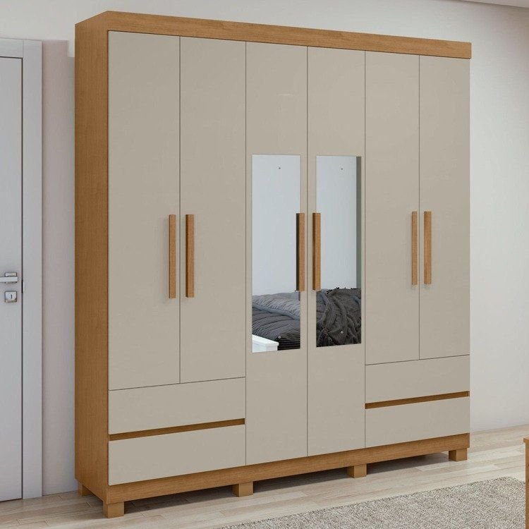 Guarda-Roupa 6 Portas 4 Gavetas Argus com Espelho e com Pés Amêndoa Clean/Off White
