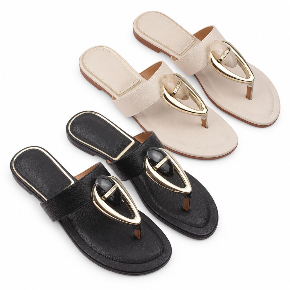 Sandália Feminina Vizzano Rasteira Napa Pedraria Argola Dourada Bico Quadrado Preto e Branco Off