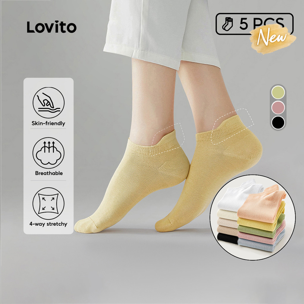 Lovito Pacote Com 5 Pares De Meias Baixas De Algodão – Leves Respiráveis Algodão Puro Para Mulheres KKNS153PAX031