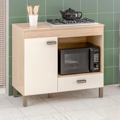 Balcão Cooktop 5 Bocas e Porta Forno com Porta e Gaveta Bege/Amendoa/Off White