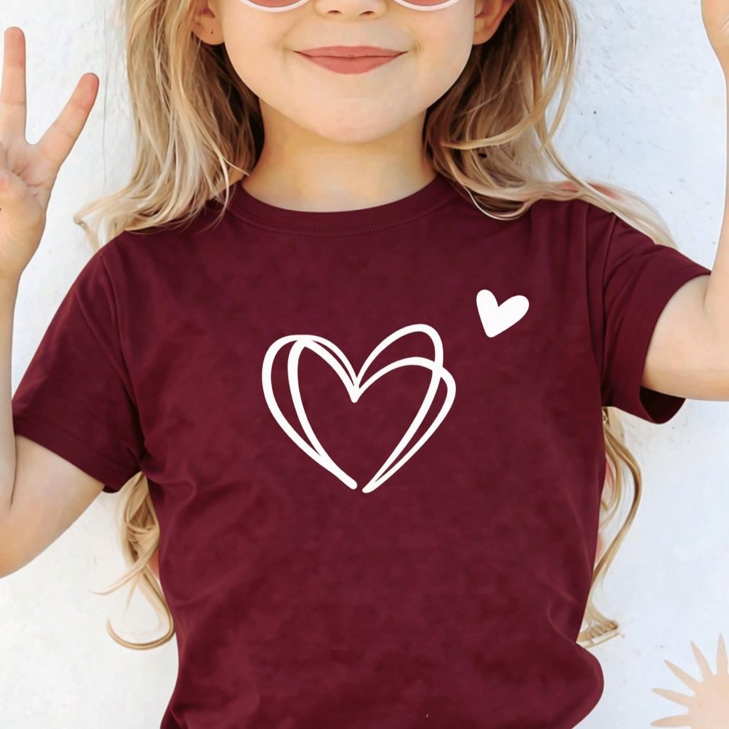 Camiseta Infantil Para Meninas Pré Adolescente e Crianças Camisa 100% Algodão Coração Espelhado - Moda Primavera e Verão