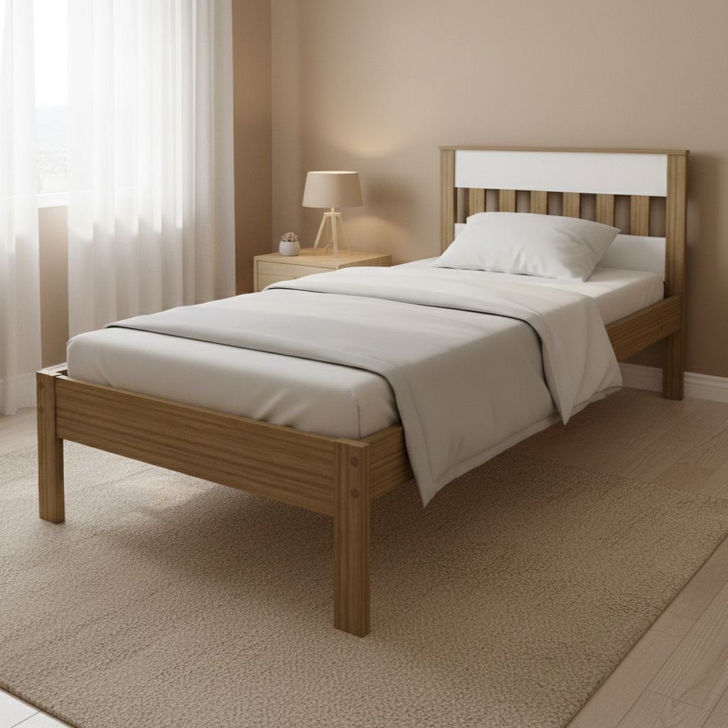 Cama de Solteiro CM8006 para Colchão de 88cm Bege/Amêndoa/Branco Amêndoa/Branco