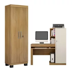 Conjunto Mesa para Computador Escrivaninha com Armário e Multiuso 2 Portas com Chave Asteca Cinamomo Off White Bege
