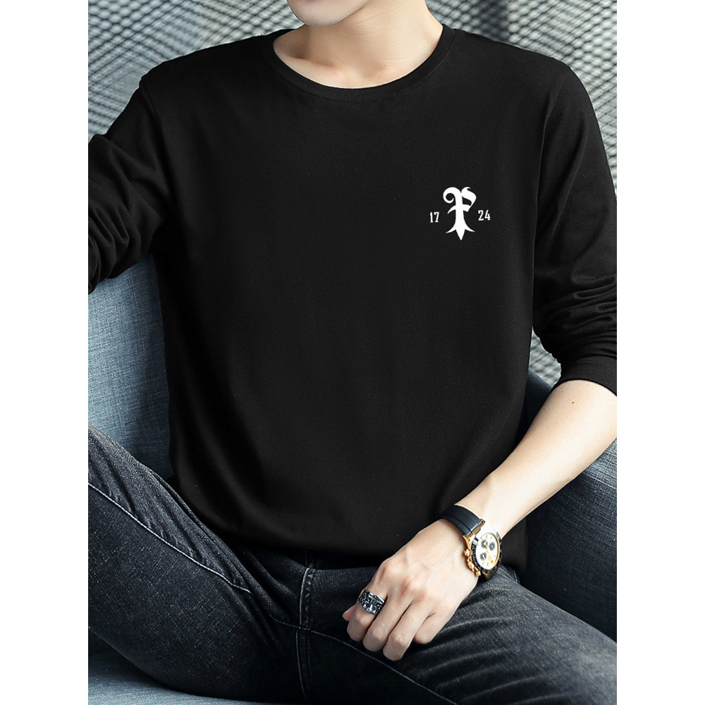 Camiseta masculina de manga comprida puro algodão roupas superiores na moda carta impressa em torno do pescoço algodão c