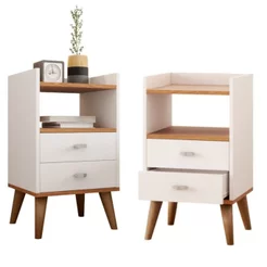Kit 2 Mesa de Cabeceira Retrô Pés Palito em Madeira Maciça 2 Gavetas e Prateleira Branco Branco/Freijó