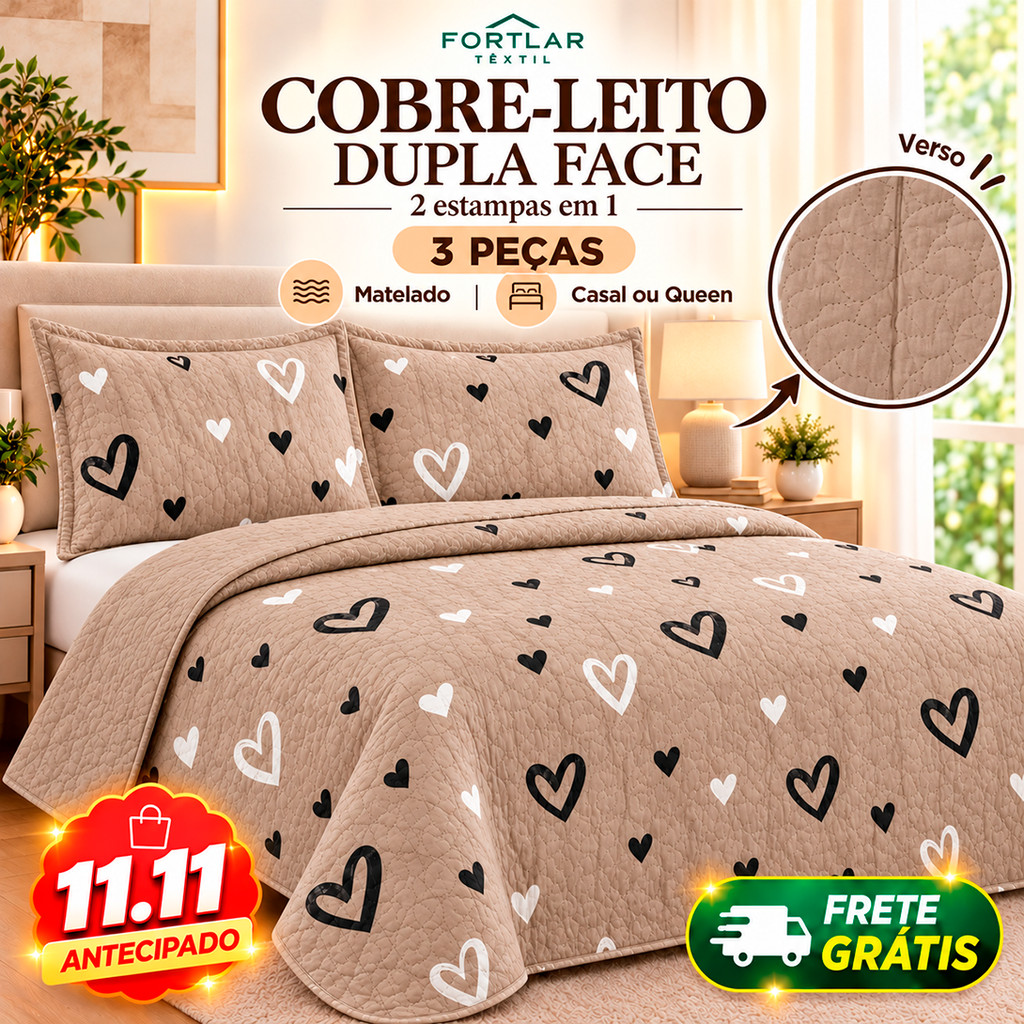 Colcha Cobre Leito Casal Queen Dupla Face 2 Porta Travesseiros Estampada Mateladoi