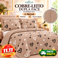 Colcha Cobre Leito Casal Queen Dupla Face 2 Porta Travesseiros Estampada Mateladoi