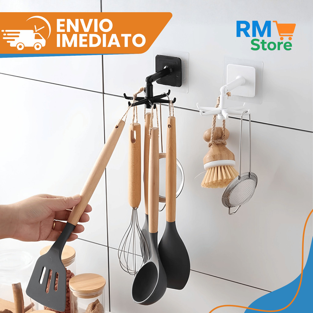 Gancho Giratório Multiuso Adesivo para Utensílios de Cozinha Organizador Sem Furos