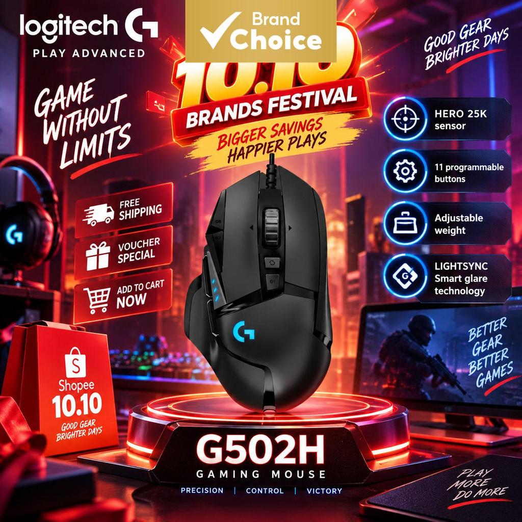 Logitech G502 H Dominator Mouse Gamer com Fio Sensor HERO RGB DPI Ajustável Botões Programáveis Ergonômico Controle de