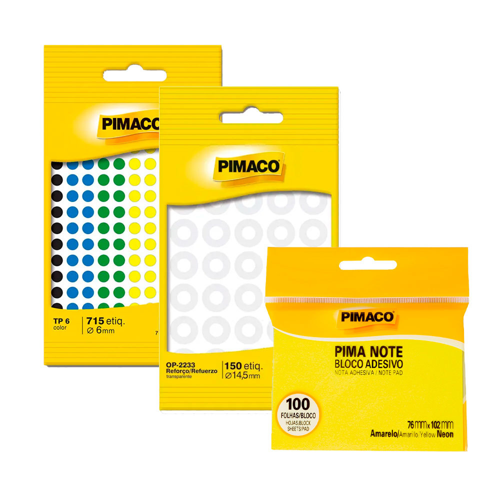 Kit Reforço de fichário + Bloco adesivo + Etiqueta TP cores Pimaco