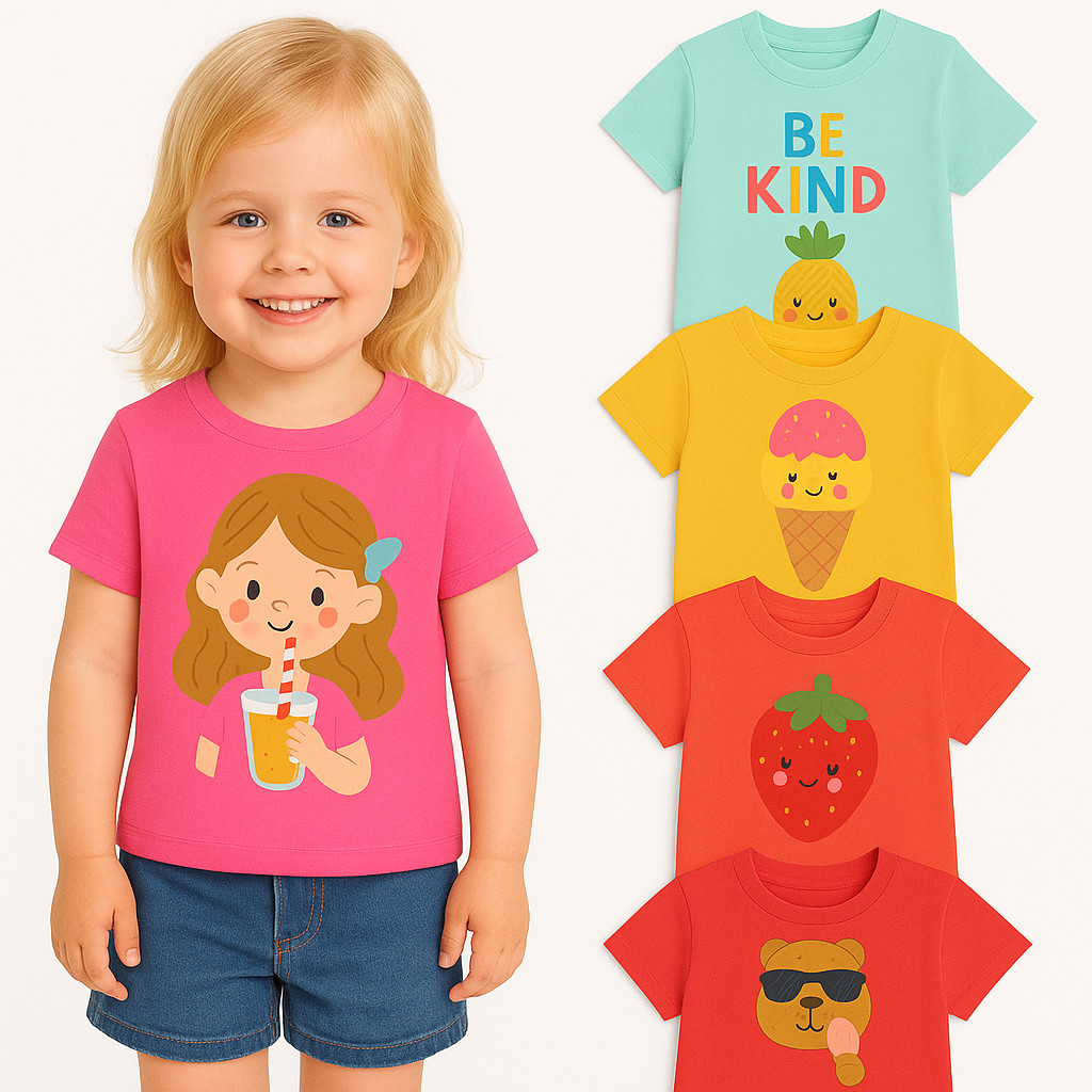 Kit 2 Camisetas de Verão Infantil Menina -Kit 2 Blusas para Meninas Verão Sortidas- Camisa Feminina Verão