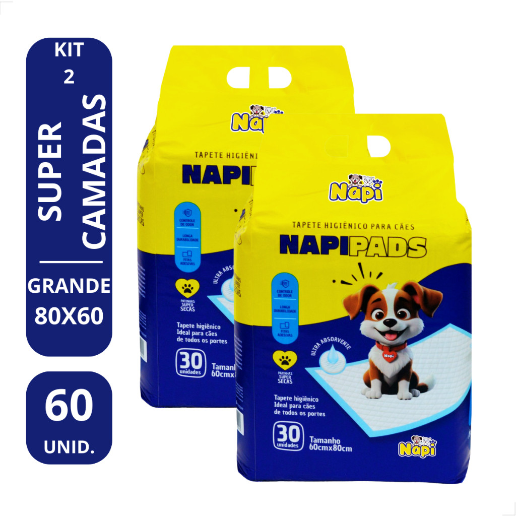 KIT 2 Tapetes Higiênicos 80x60  60 unidades Napi Pads para Cães e Gatos Pets Grande - Envio Imediato