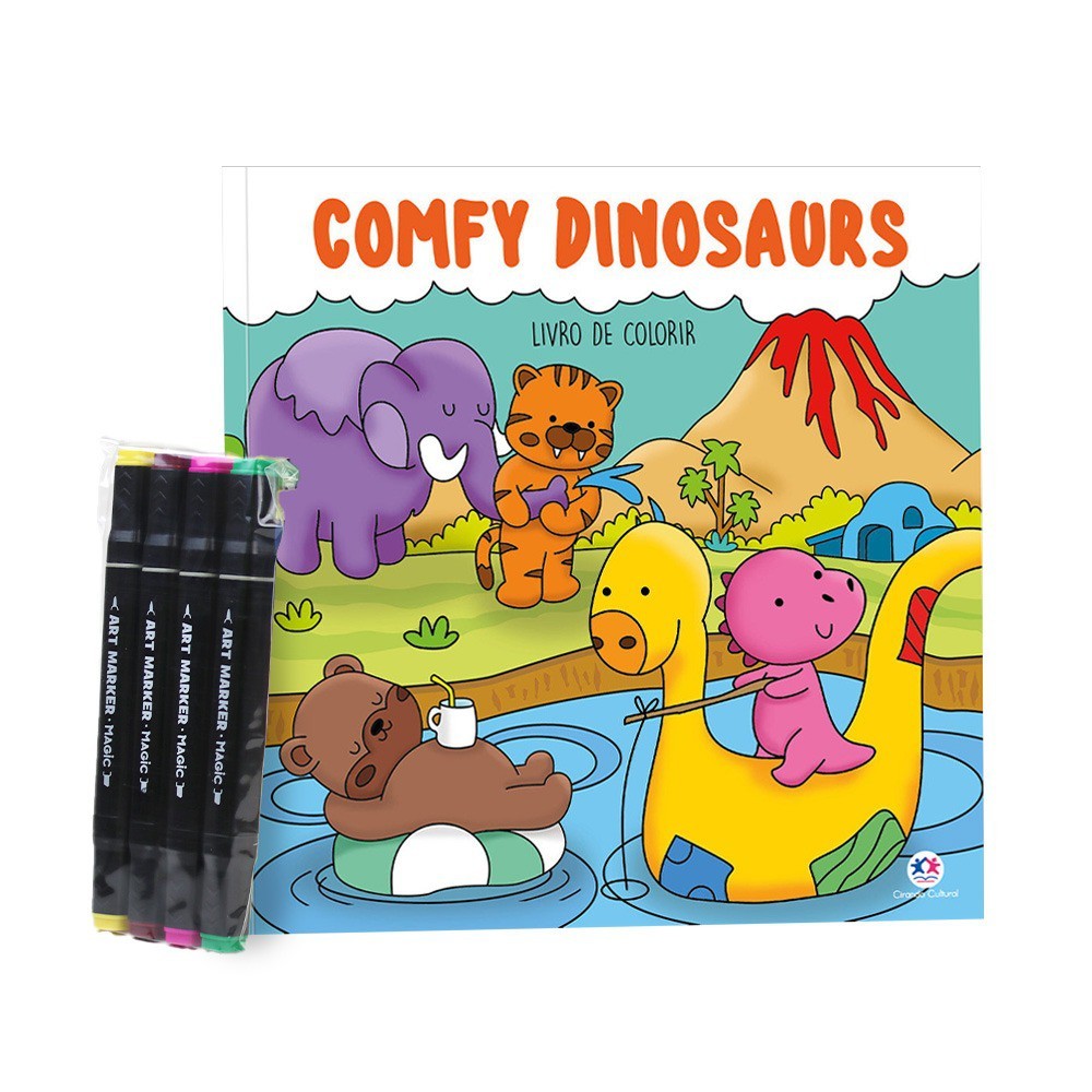 Livro Comfy Dinosaurs - Livro de Colorir com 4 Canetinhas