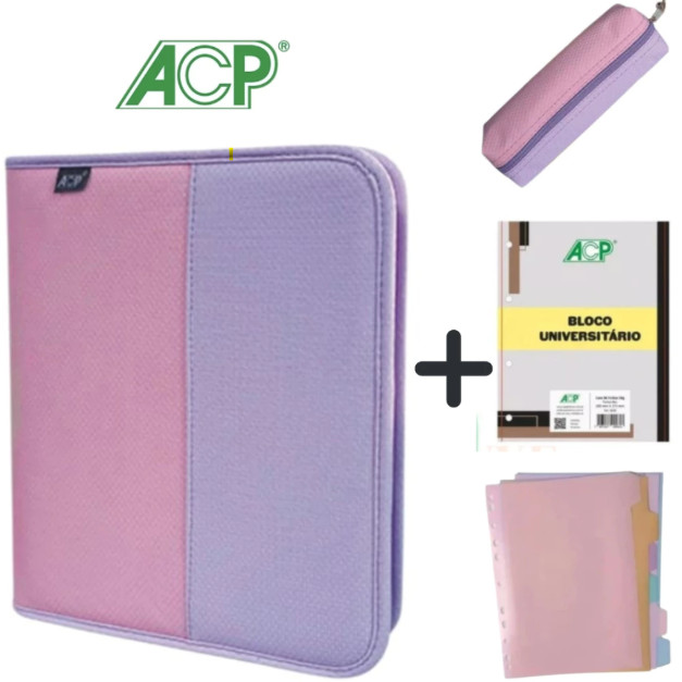 Fichário Universitário Escolar Argolado Bicolor Com Bloco de Folhas e Divisórias Rosa e Lilás ACP em Oferta na Shopee