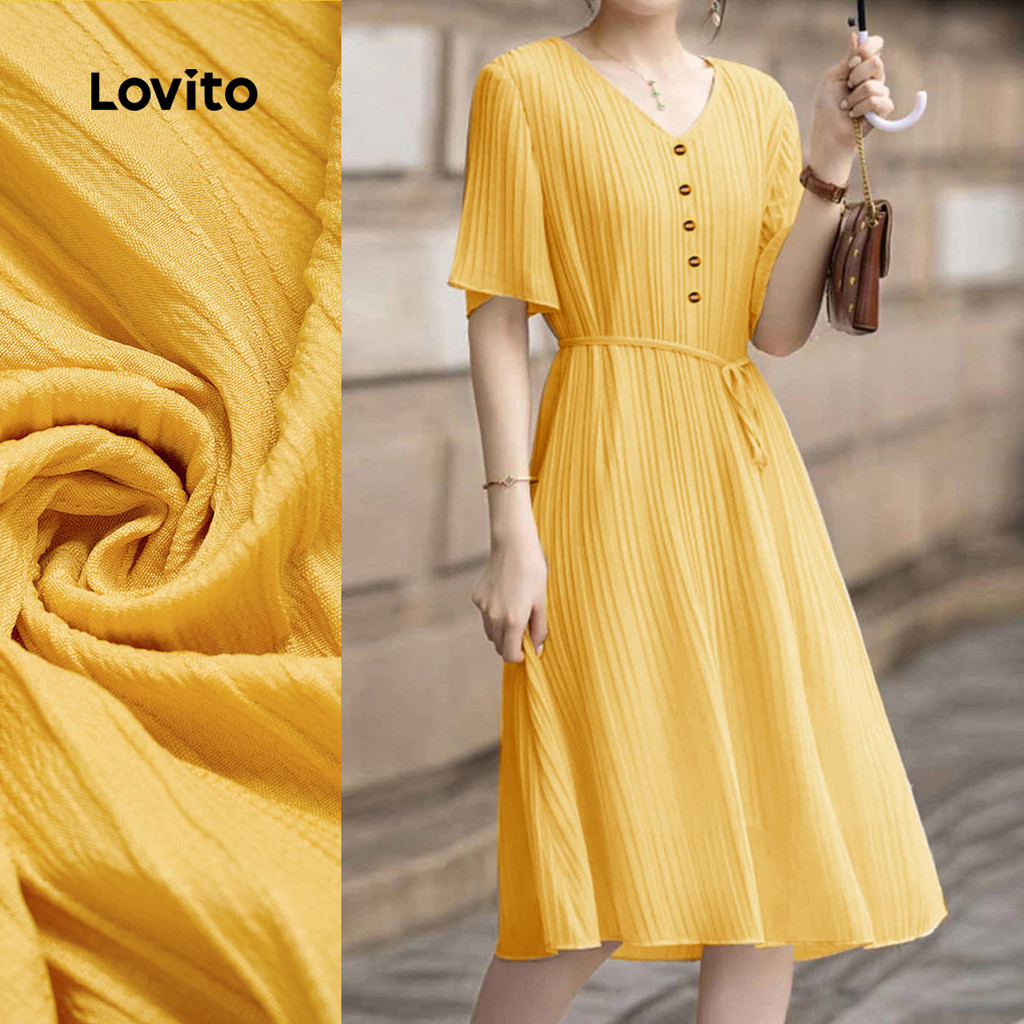 Lovito Vestido Elegante com Botão Primavera/verão Vestido Amarelo para Mulheres L154LD101