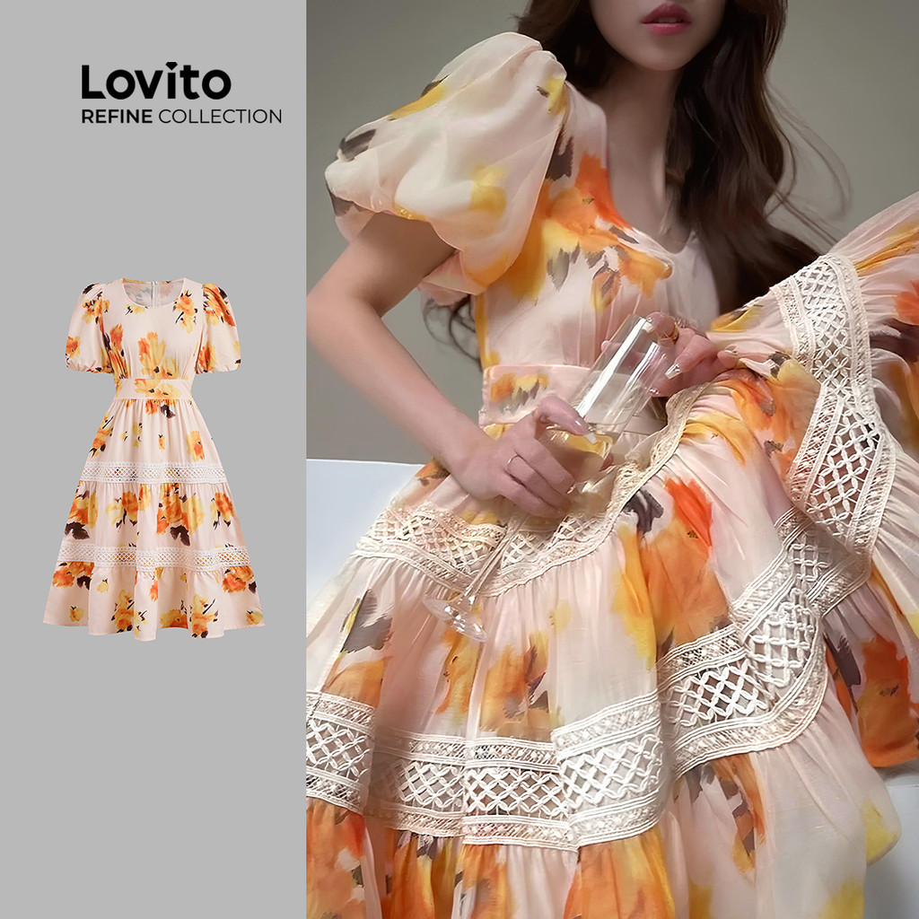 (Lovito Refine) Vestido Elegante Renda/Camadas Primavera/Verão Multicolorido Vestido Evangélico Mulheres LR21L089 em Oferta na Shopee