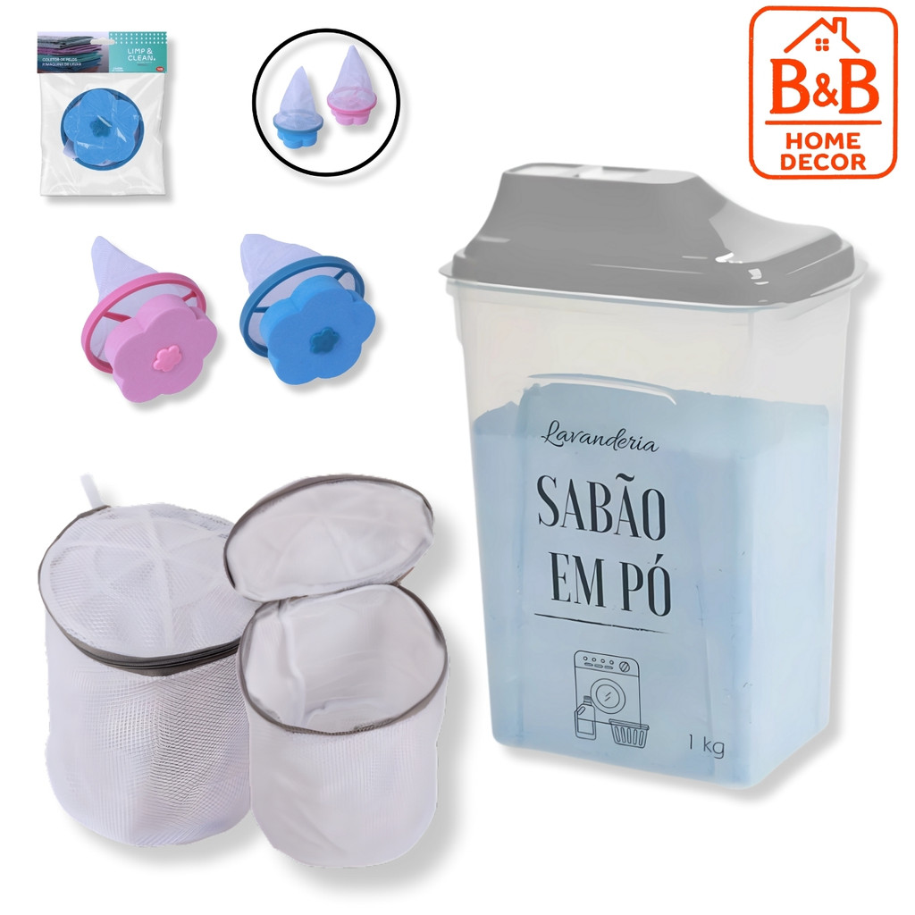 Kit Lavanderia Porta Sabão + Coletor de Pelos Flor + Saco de Lavar Roupas Íntimas