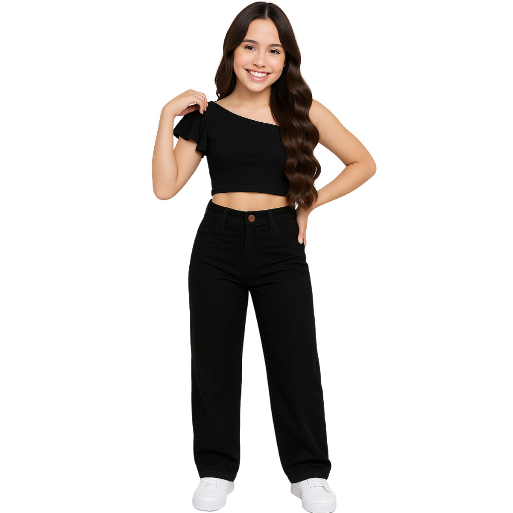 Calça jeans Pantalona wide leg infantil juvenil com escritas estampada em Oferta na Shopee