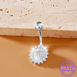 Piercing Umbigo Banana Prata 925 Flor e Sol Zircônias Cravejado | Piercing de Umbigo Pequeno Ponto De Luz