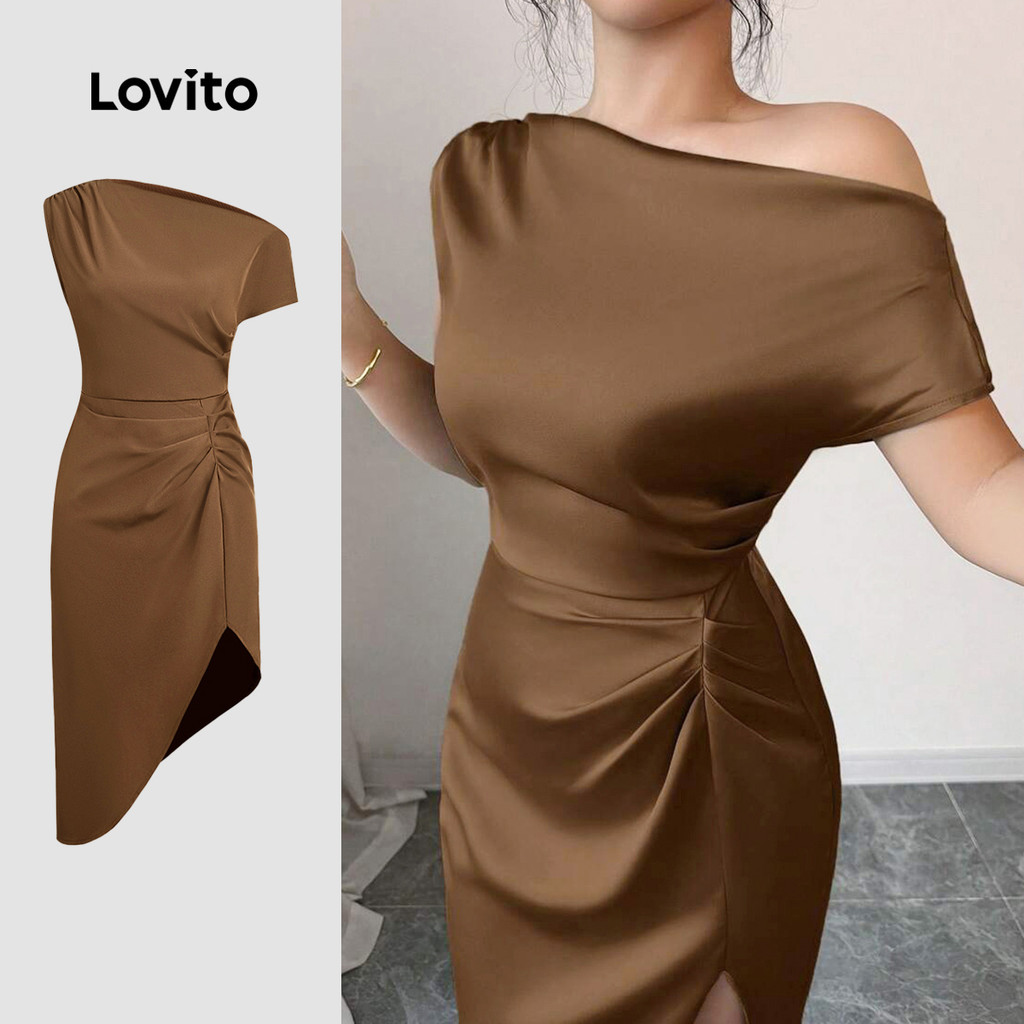 Lovito Vestido Glamoroso Marrom Com Pregas E Zíper Para Mulheres Ideal Para O Verão/primavera L155AD343 em Oferta na Shopee