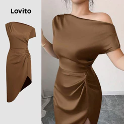 Lovito Elegante Vestido Glamoroso Marrom Com Pregas E Zíper Para Mulheres Ideal Para O Verão/primavera L155AD343