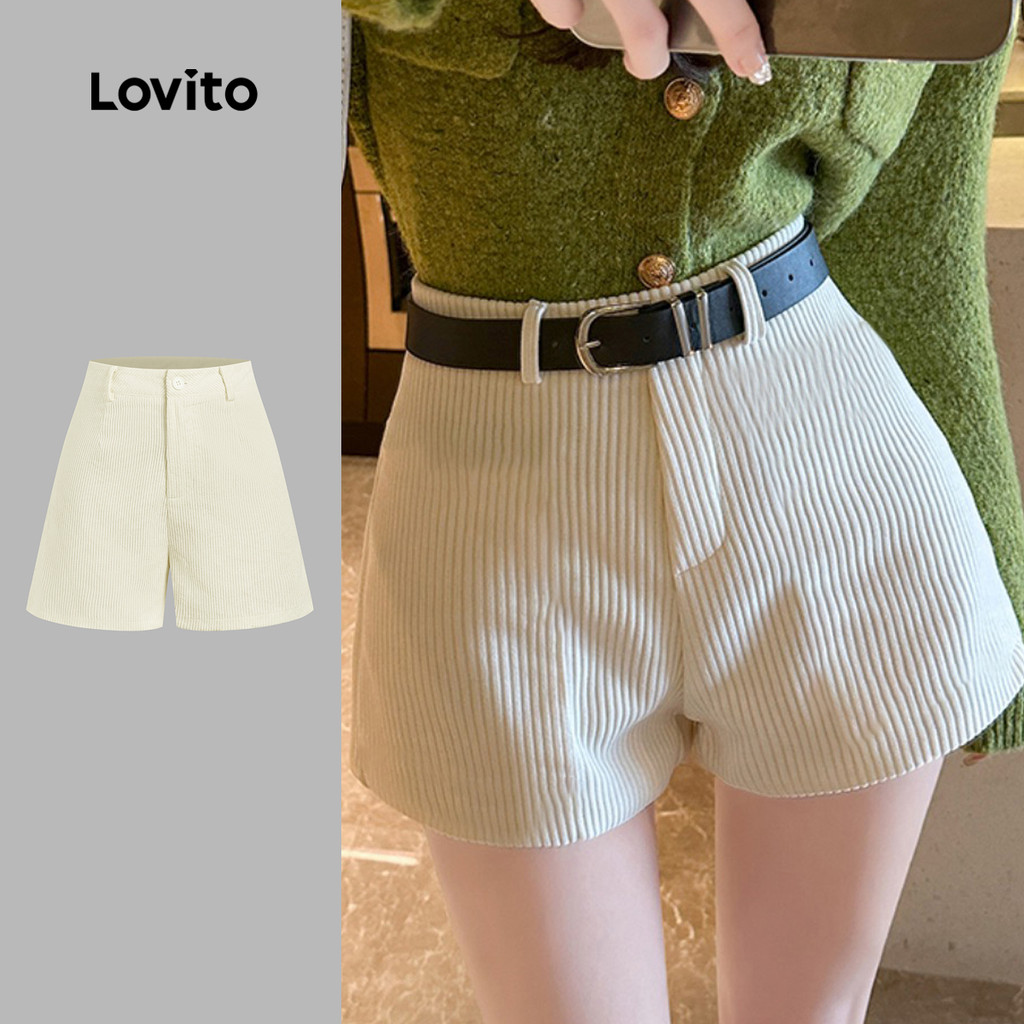 Lovito Shorts Casuais Plissados Clássicos E Versáteis Na Cor Off-white Outono/inverno Ideais Para Mulheres L156AD028 em Oferta na Shopee