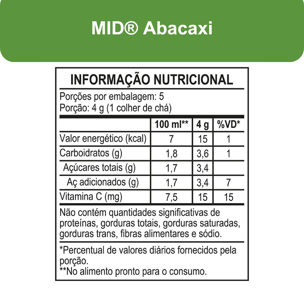 Detalhes do Kit Refresco em Pó MID® Sabor Abacaxi Com 15 Unidades de 20g