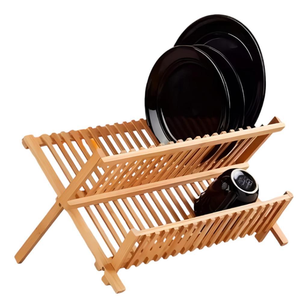 Escorredor De Louças E Pratos 100% Bambu Dobrável em Oferta na Shopee