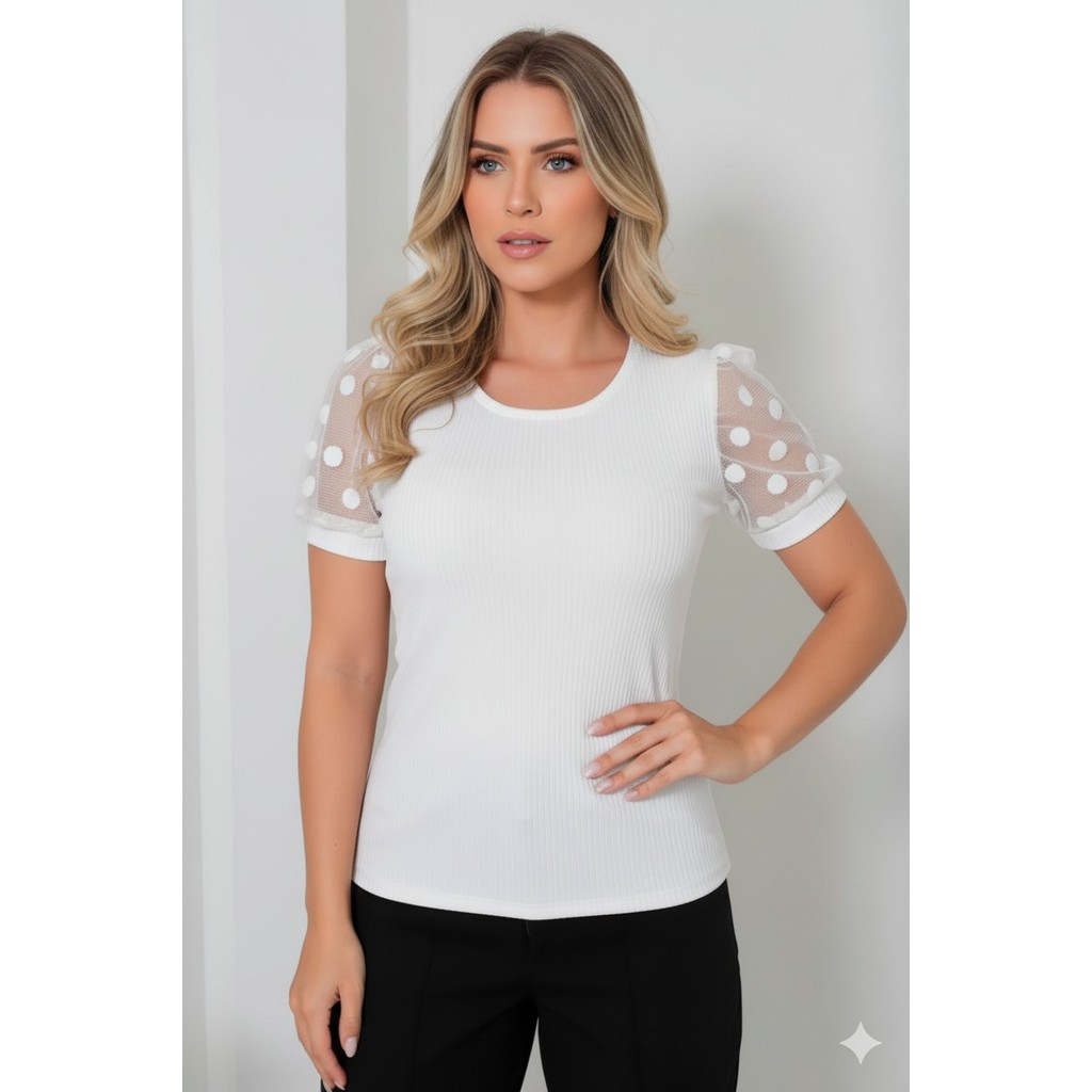blusa feminina canelada elastano manga curta tule poá moderna