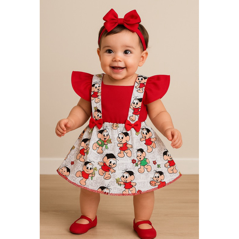 Jardineira Romper vestido Bebê Menina Body Temático  Turma da Mônica Baby Book Festa Mesversário