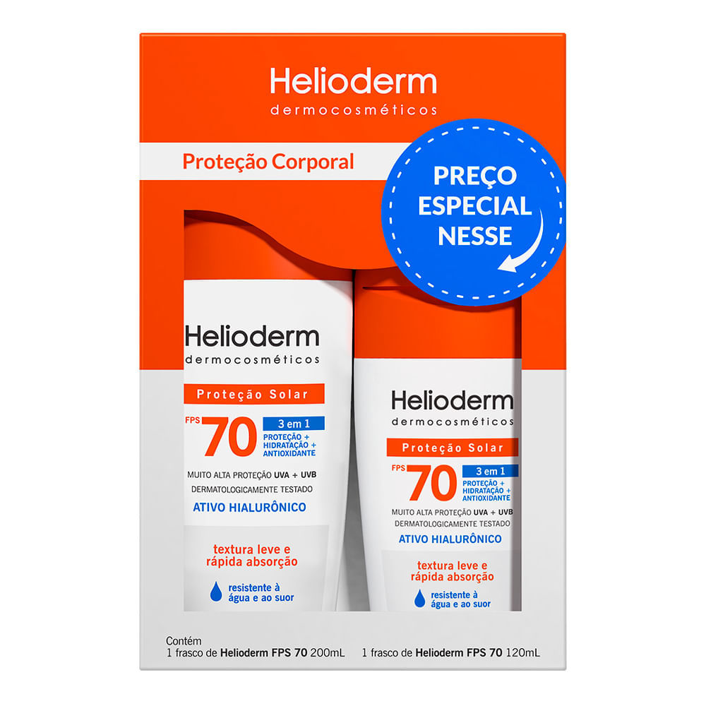 Kit Protetor Solar Corporal Helioderm 3 em 1 FPS 70 200ml e Protetor Solar Corporal Helioderm 3 em 1 FPS 70 120ml