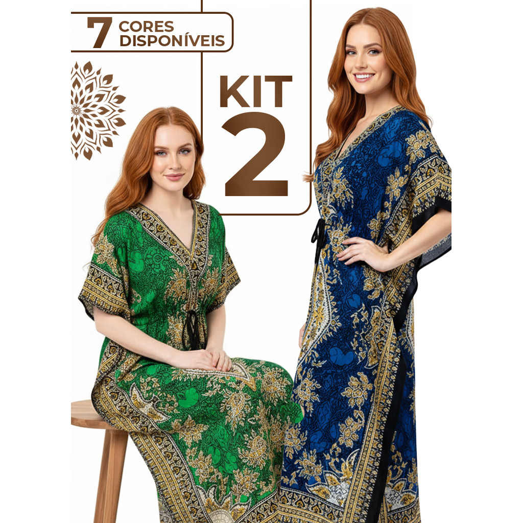 Kit 2 Kaftans Longa  Indianas Femininas – Saída de Praia Leve e Fresca, Tecido Poliéster Amplo, Verão 2025