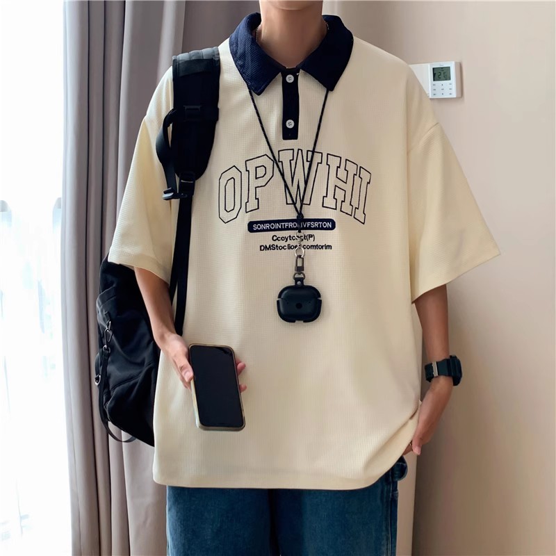 Camisa Polo masculina verão gelo seda manga curta camiseta pesada rua Wear lapela americano solto camisa gola masculina