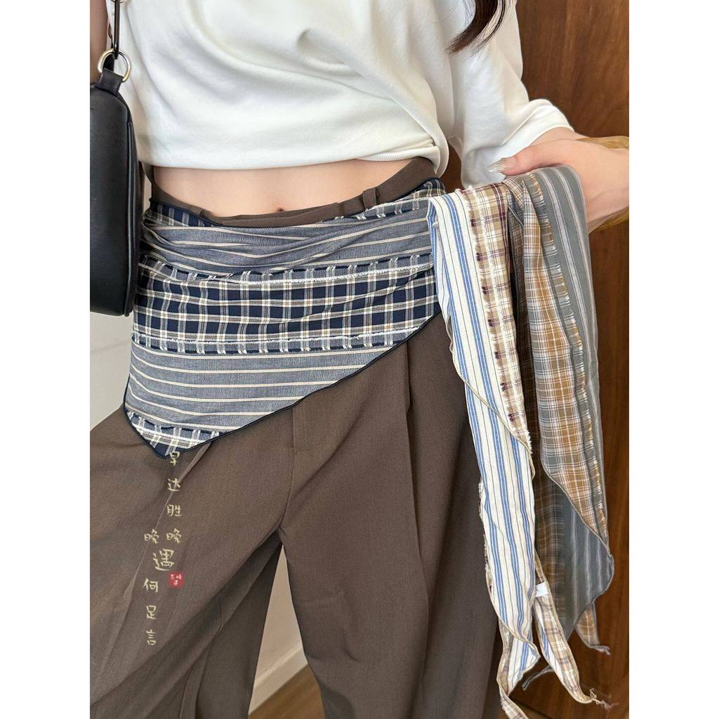 Japonês Retro linha xadrez triângulo cachecol feminino moda All-Match decorativo lenço de seda cinto acessórios da moda