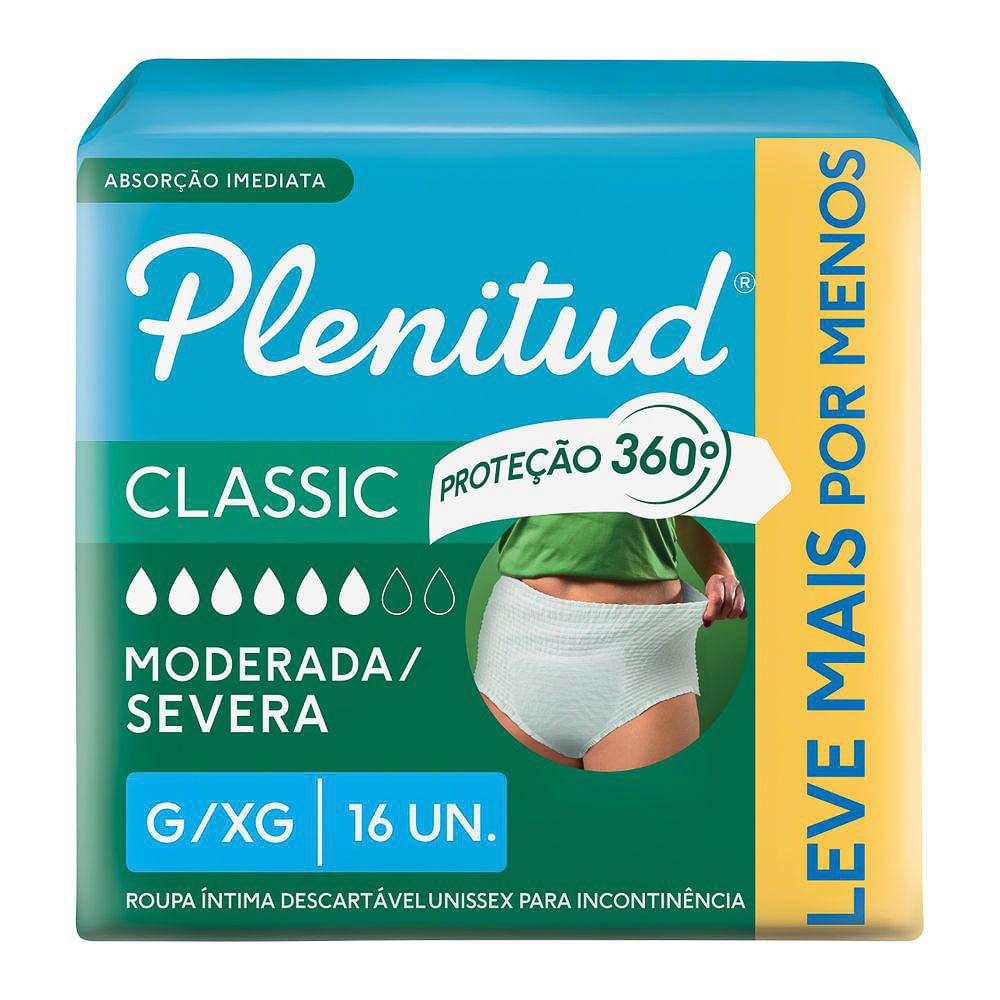 Roupa Íntima Plenitud Classic para Incontinência Moderada Severa Tamanho G/XG 16 Unidades Leve Mais Por Menos